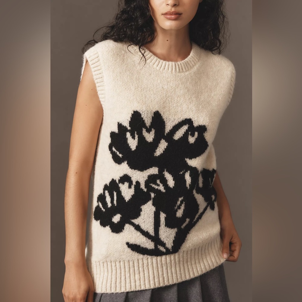 NWOT ANTHROPOLOGIE MAEVE GRAPHIC FLOWER SWEATER VEST XSP - Picture 3 of 11